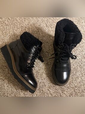AEROSOLES ALDEN HIKING Black Faux-Shearling Lace-Up Ankle Boots NEW